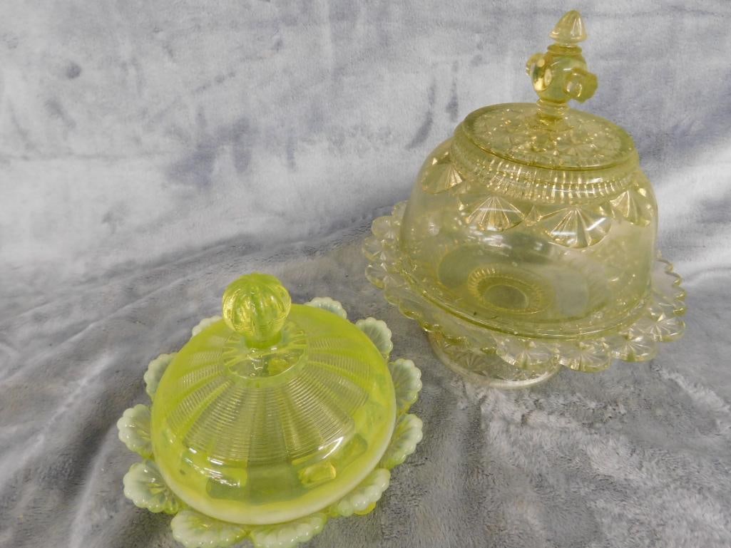 Group of 2 Vintage Domed Butter Dishes - Both Uranium Glass - 4.5" to 7.5" Tall - 2
