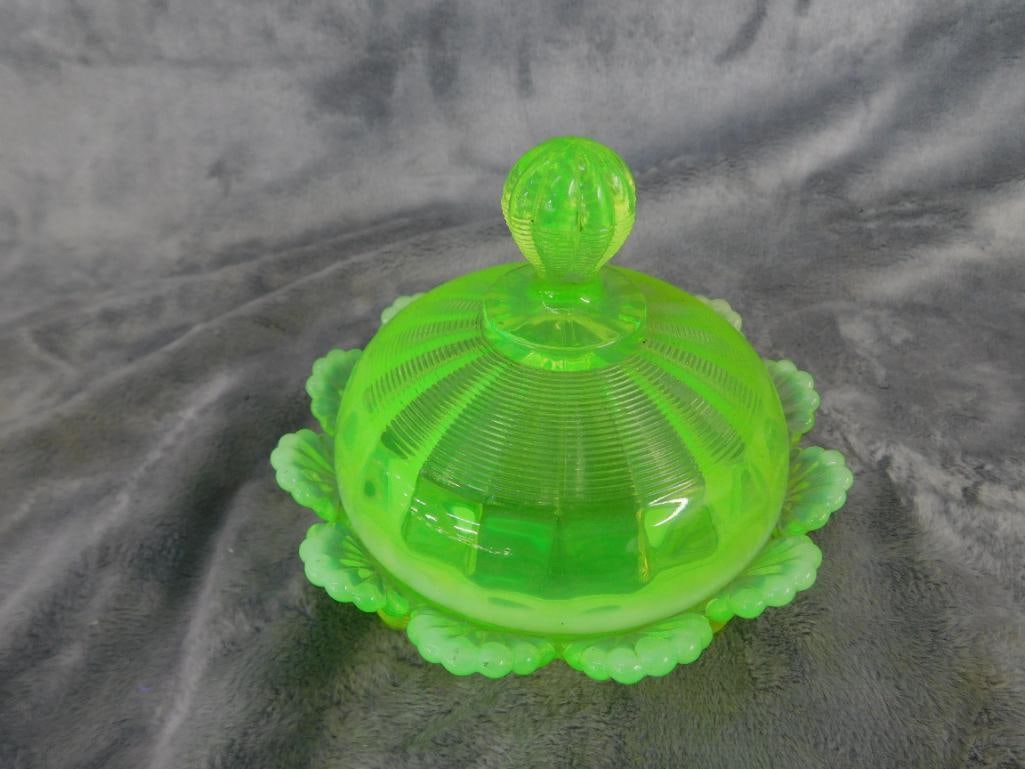Group of 2 Vintage Domed Butter Dishes - Both Uranium Glass - 4.5" to 7.5" Tall - 3
