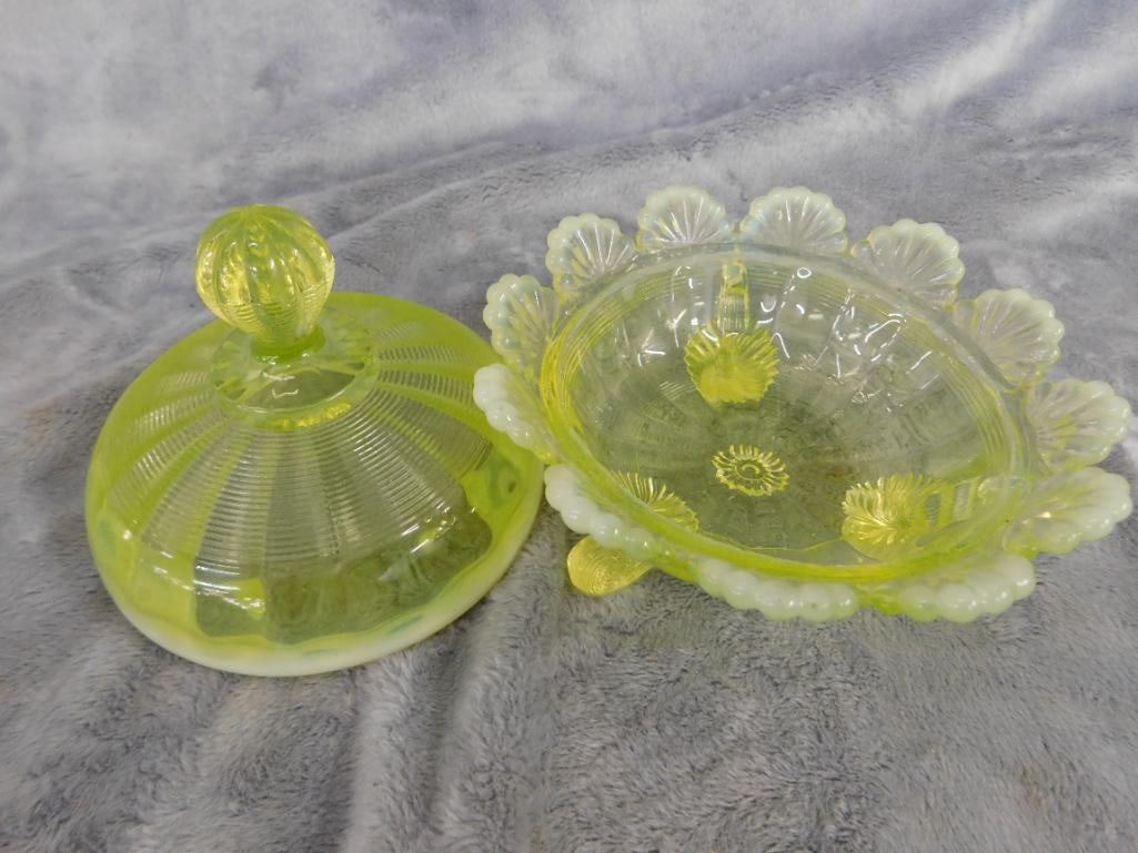 Group of 2 Vintage Domed Butter Dishes - Both Uranium Glass - 4.5" to 7.5" Tall - 4