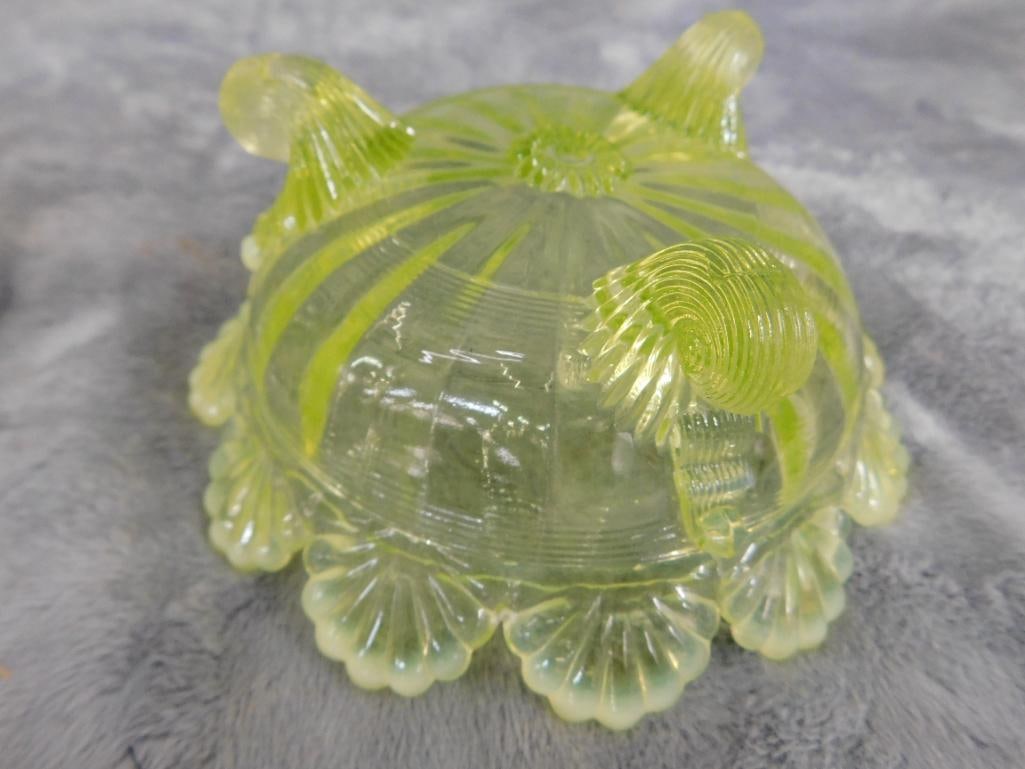 Group of 2 Vintage Domed Butter Dishes - Both Uranium Glass - 4.5" to 7.5" Tall - 5