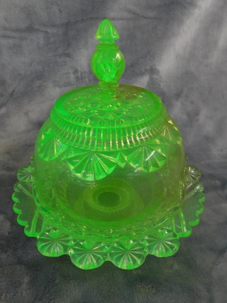 Group of 2 Vintage Domed Butter Dishes - Both Uranium Glass - 4.5" to 7.5" Tall - 6