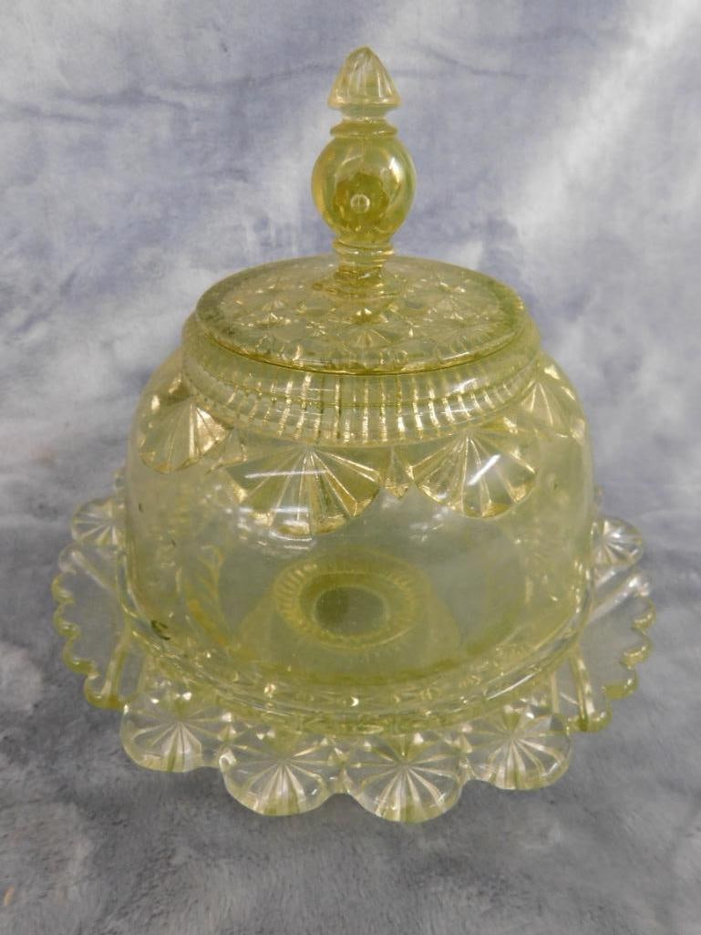 Group of 2 Vintage Domed Butter Dishes - Both Uranium Glass - 4.5" to 7.5" Tall - 7
