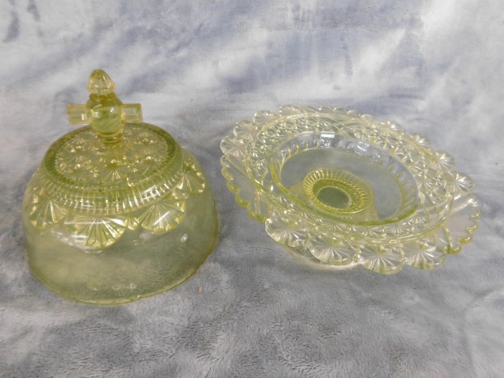 Group of 2 Vintage Domed Butter Dishes - Both Uranium Glass - 4.5" to 7.5" Tall - 8