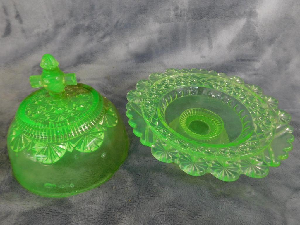 Group of 2 Vintage Domed Butter Dishes - Both Uranium Glass - 4.5" to 7.5" Tall - 9