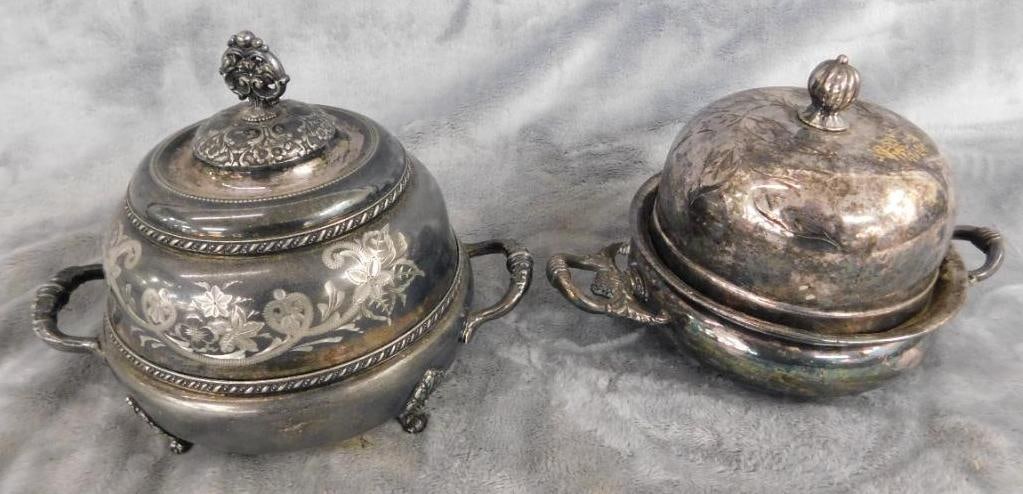 Group of 2 Vintage Domed Butter Dishes - All Metal - 5" to 5.5" Tall: See Photos For Condition and Details