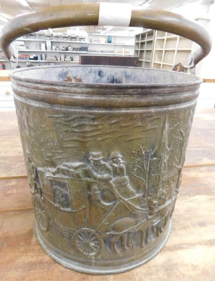Embossed Brass Ash Bucket - Stagecoach - 12" x 11": See Photos For Condition and Details
