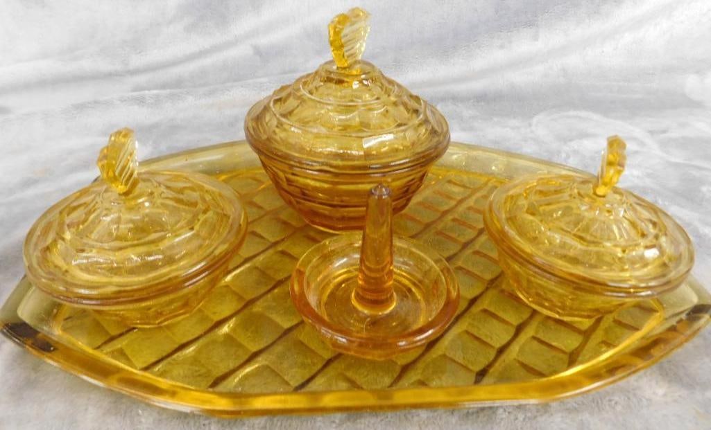 Vintage 5 Piece Amber Glass Vanity Set: See Photos For Condition and Details