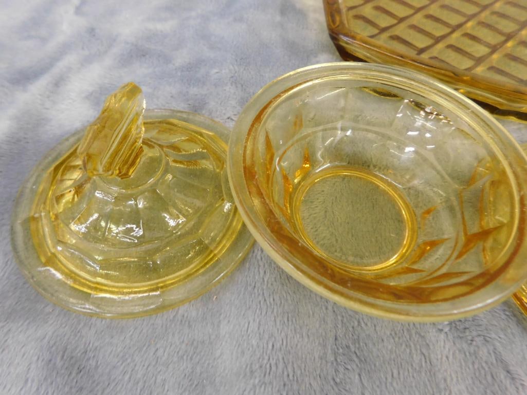 Vintage 5 Piece Amber Glass Vanity Set - 2