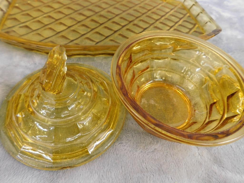 Vintage 5 Piece Amber Glass Vanity Set - 3