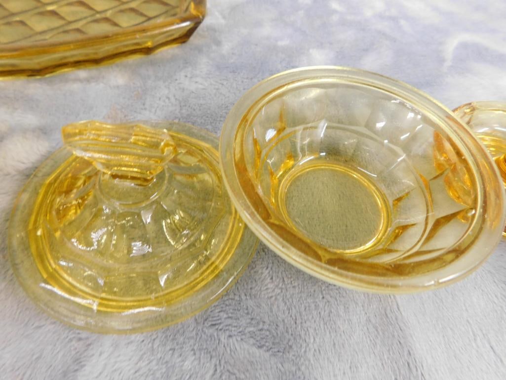 Vintage 5 Piece Amber Glass Vanity Set - 4