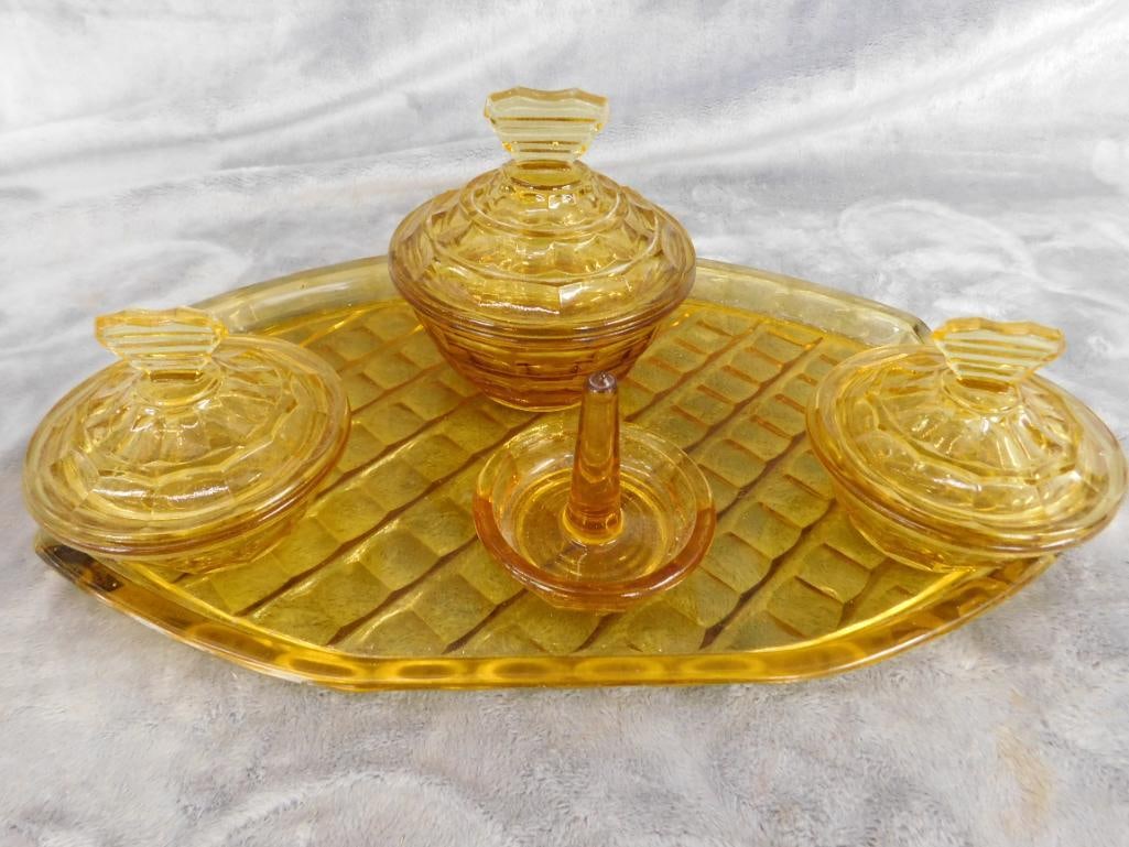 Vintage 5 Piece Amber Glass Vanity Set - 7