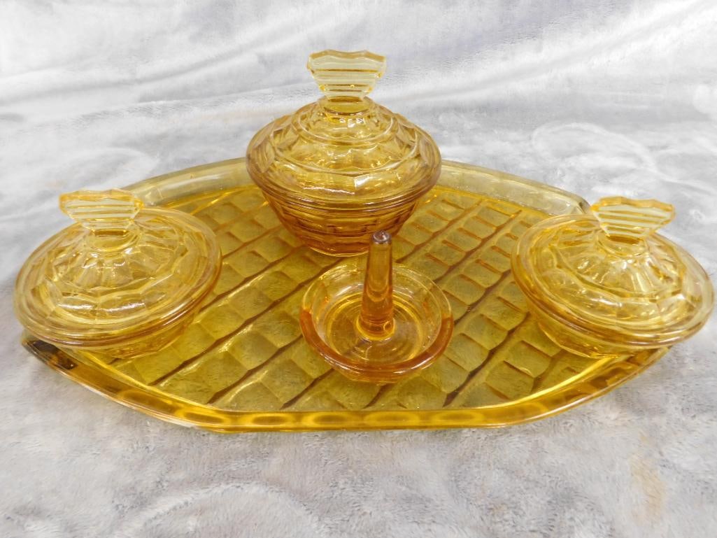 Vintage 5 Piece Amber Glass Vanity Set - 8