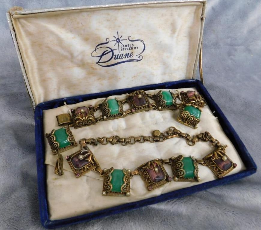 Vintage Costume Jewelry - "Jewels By Duane" - Necklace - Bracelet - Earrings: Original Box - 1 Clip on Earring Needs Repair But Pieces Are Present - See Photos For Condition and Details