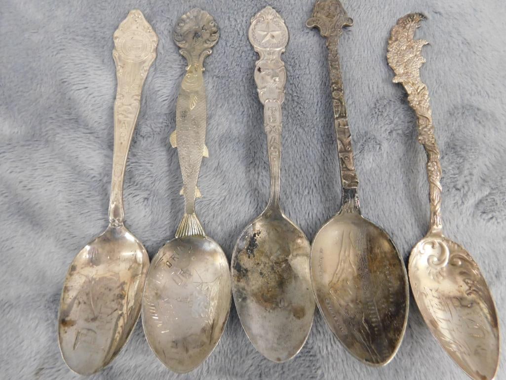 Sterling Silver - Lot of 5-5.25" Souvenir Spoons - 91 Grams - 10