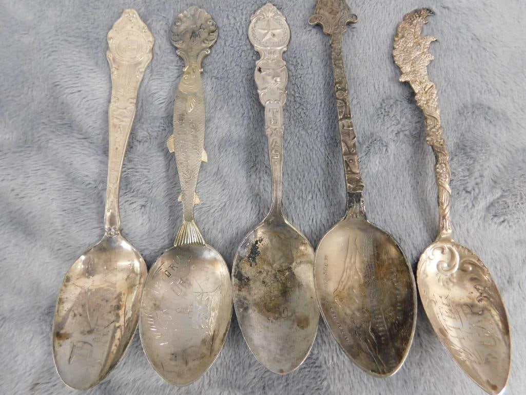 Sterling Silver - Lot of 5-5.25" Souvenir Spoons - 91 Grams - 11