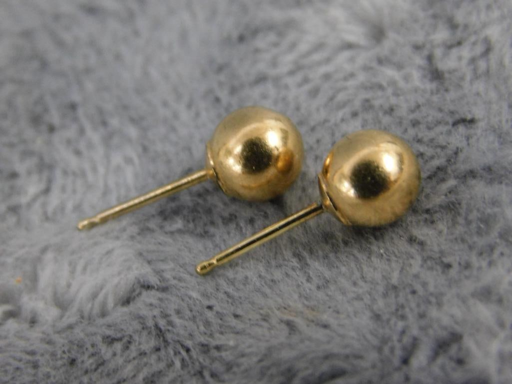 14K Yellow Gold - Pierced Ball Earrings - No Ear Nuts - Pendant with Clear Stone - .98 Grams TW - 2