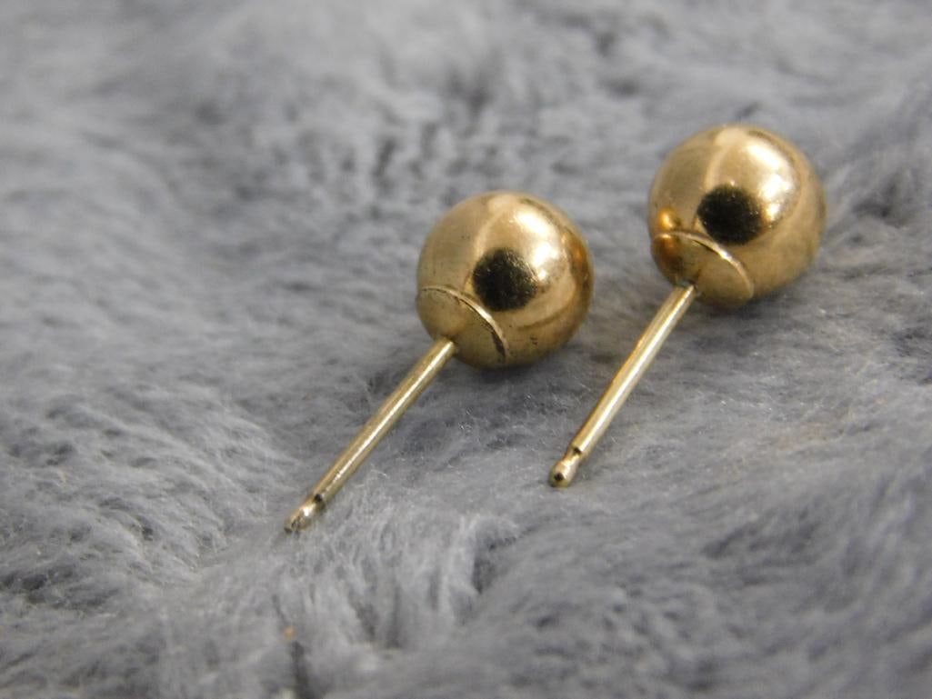 14K Yellow Gold - Pierced Ball Earrings - No Ear Nuts - Pendant with Clear Stone - .98 Grams TW - 3