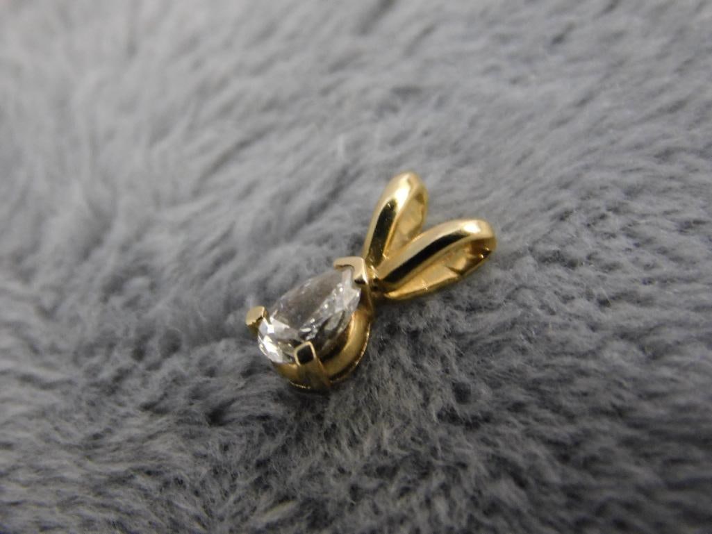 14K Yellow Gold - Pierced Ball Earrings - No Ear Nuts - Pendant with Clear Stone - .98 Grams TW - 4