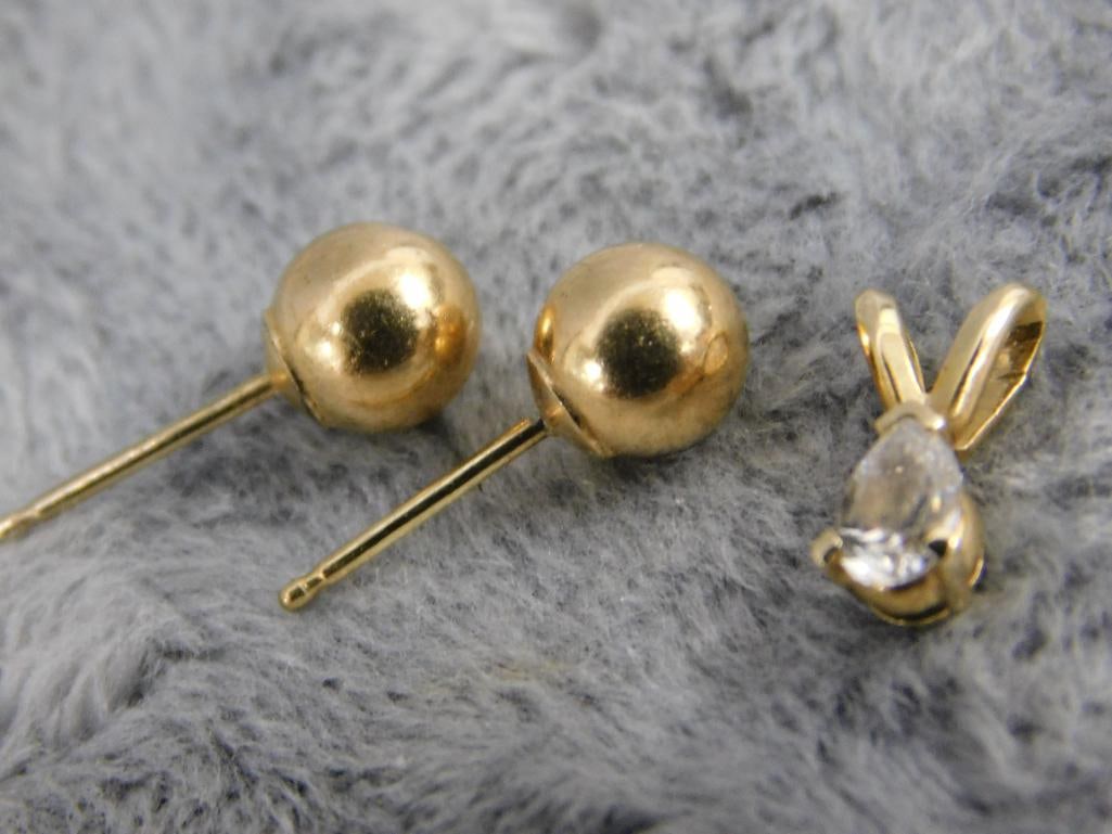 14K Yellow Gold - Pierced Ball Earrings - No Ear Nuts - Pendant with Clear Stone - .98 Grams TW - 6