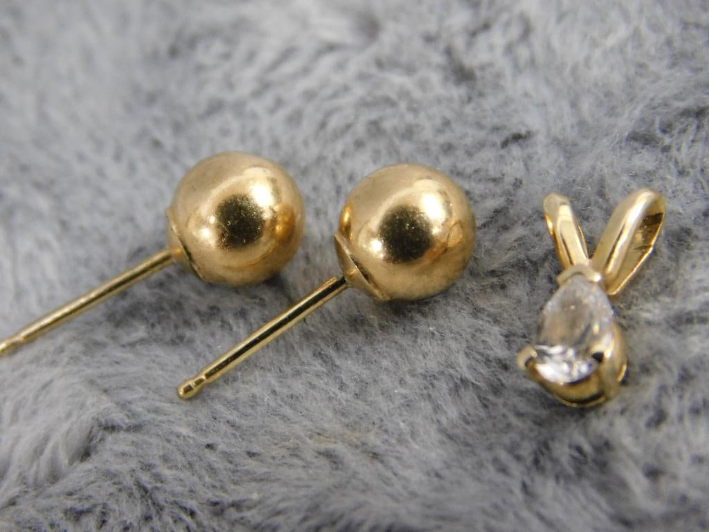 14K Yellow Gold - Pierced Ball Earrings - No Ear Nuts - Pendant with Clear Stone - .98 Grams TW - 7