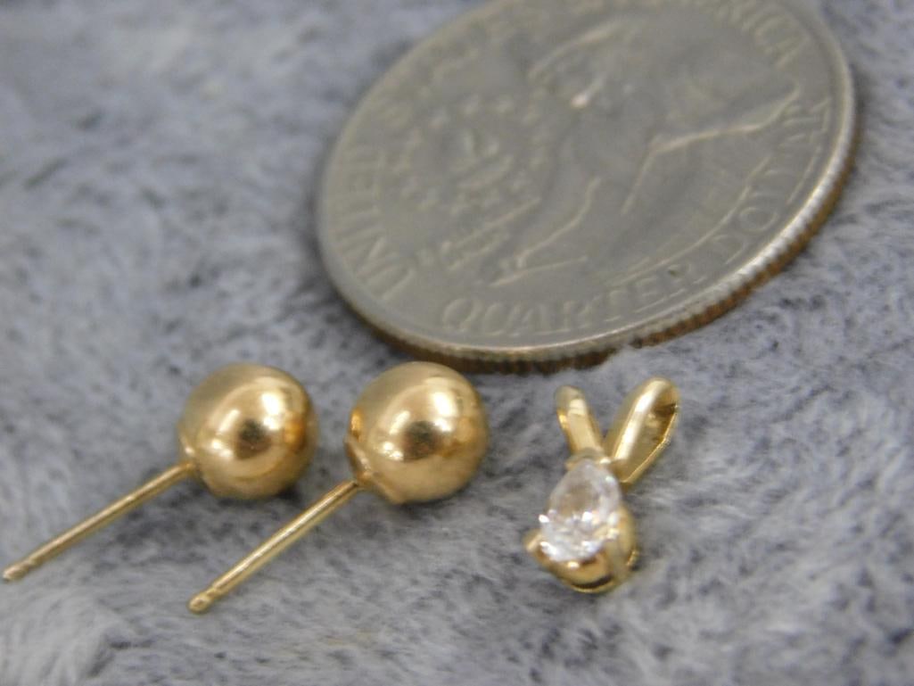 14K Yellow Gold - Pierced Ball Earrings - No Ear Nuts - Pendant with Clear Stone - .98 Grams TW - 8