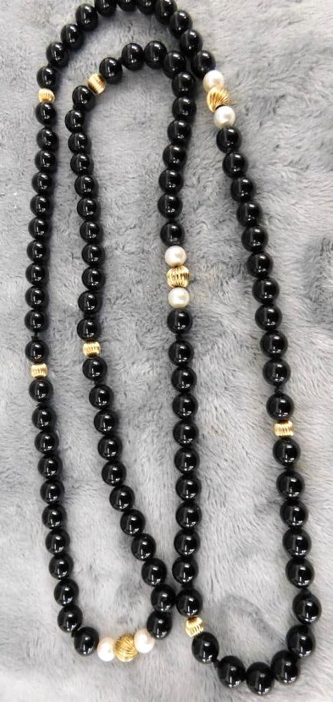14K Yellow Gold - 36" Necklace - 9 Gold Beads - Black Beads - 66.7 Grams TW: See Photos For Condition and Details