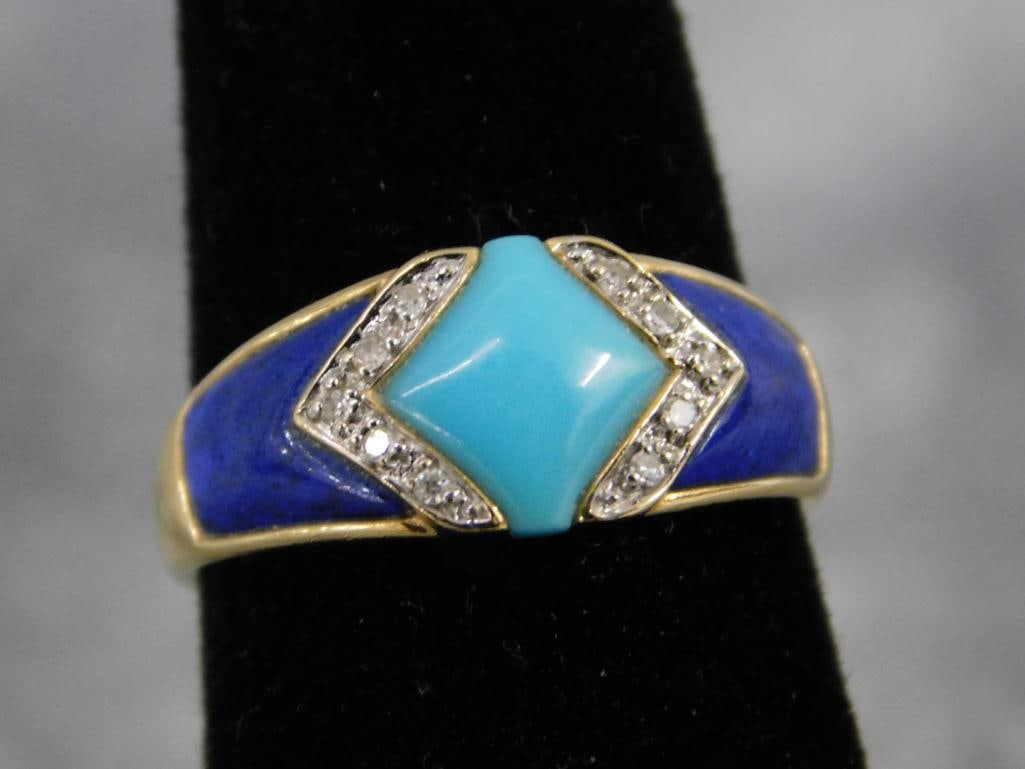 14K Yellow Gold - Lapis Lazuli and Turquoise Ring - Size 7.5 - 3.43 Grams TW - 2