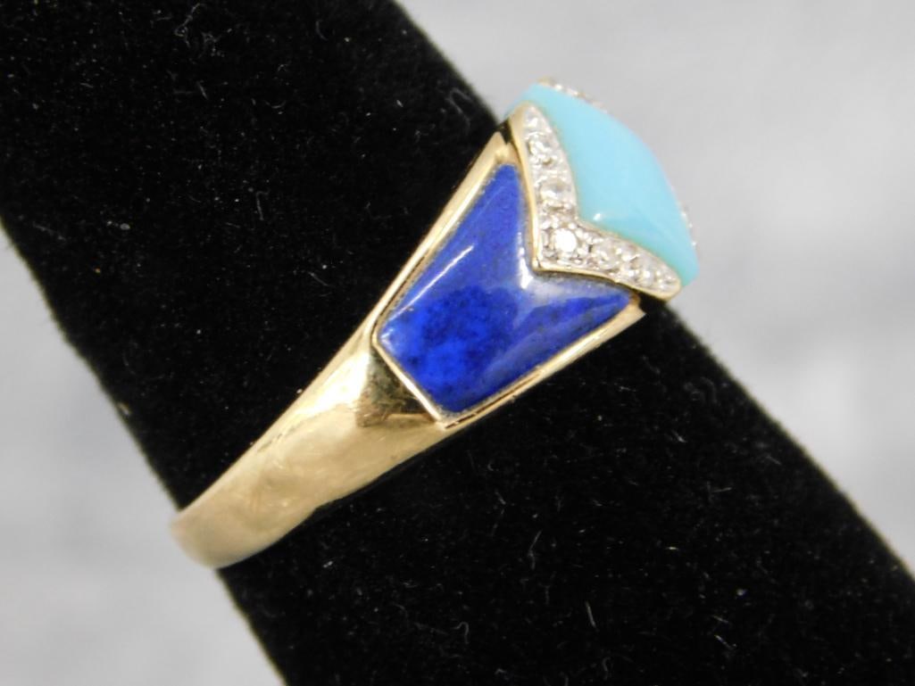 14K Yellow Gold - Lapis Lazuli and Turquoise Ring - Size 7.5 - 3.43 Grams TW - 3