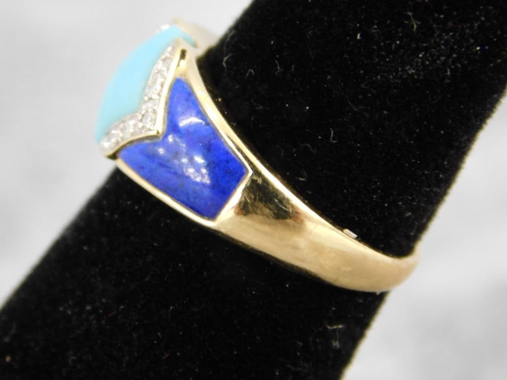 14K Yellow Gold - Lapis Lazuli and Turquoise Ring - Size 7.5 - 3.43 Grams TW - 4