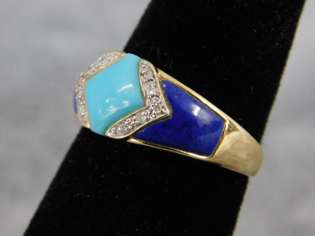 14K Yellow Gold - Lapis Lazuli and Turquoise Ring - Size 7.5 - 3.43 Grams TW - 5
