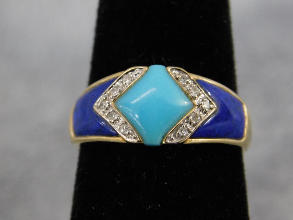 14K Yellow Gold - Lapis Lazuli and Turquoise Ring - Size 7.5 - 3.43 Grams TW - 6
