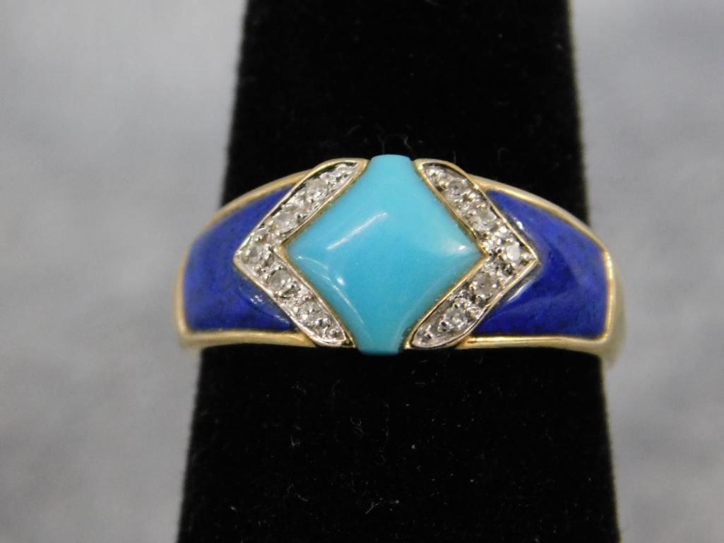 14K Yellow Gold - Lapis Lazuli and Turquoise Ring - Size 7.5 - 3.43 Grams TW - 7