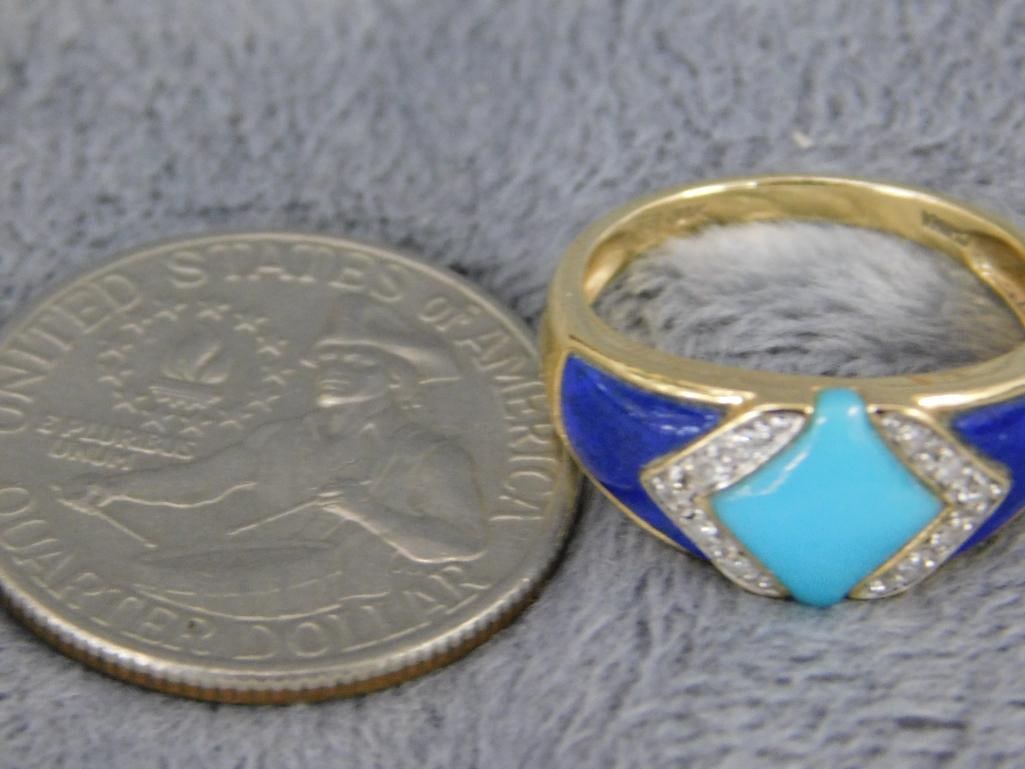 14K Yellow Gold - Lapis Lazuli and Turquoise Ring - Size 7.5 - 3.43 Grams TW - 8