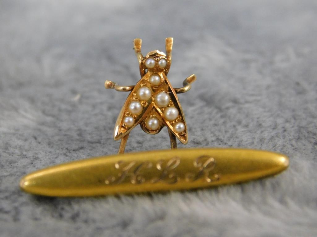 14K Yellow Gold - Victorian Tie Pin with Seeded Pearls - Lingerie Pin - 1.41 Grams TW - 10