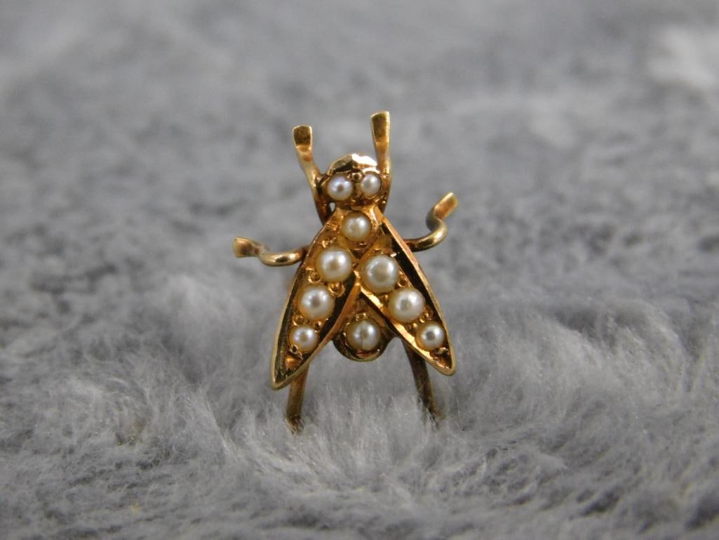 14K Yellow Gold - Victorian Tie Pin with Seeded Pearls - Lingerie Pin - 1.41 Grams TW - 2