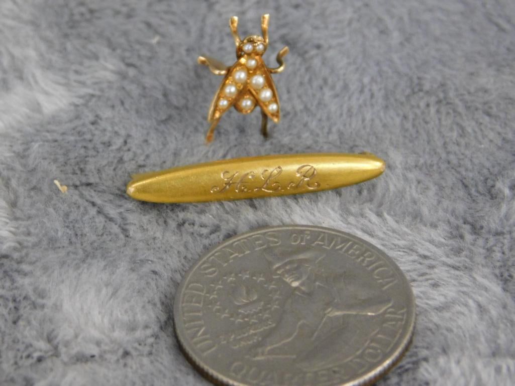 14K Yellow Gold - Victorian Tie Pin with Seeded Pearls - Lingerie Pin - 1.41 Grams TW - 6