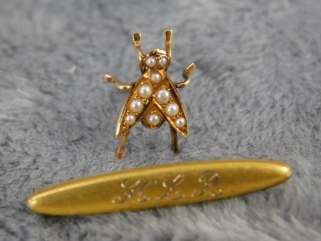 14K Yellow Gold - Victorian Tie Pin with Seeded Pearls - Lingerie Pin - 1.41 Grams TW - 7