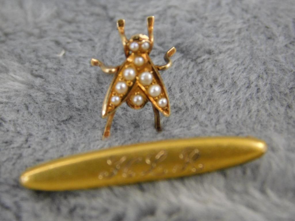 14K Yellow Gold - Victorian Tie Pin with Seeded Pearls - Lingerie Pin - 1.41 Grams TW - 8