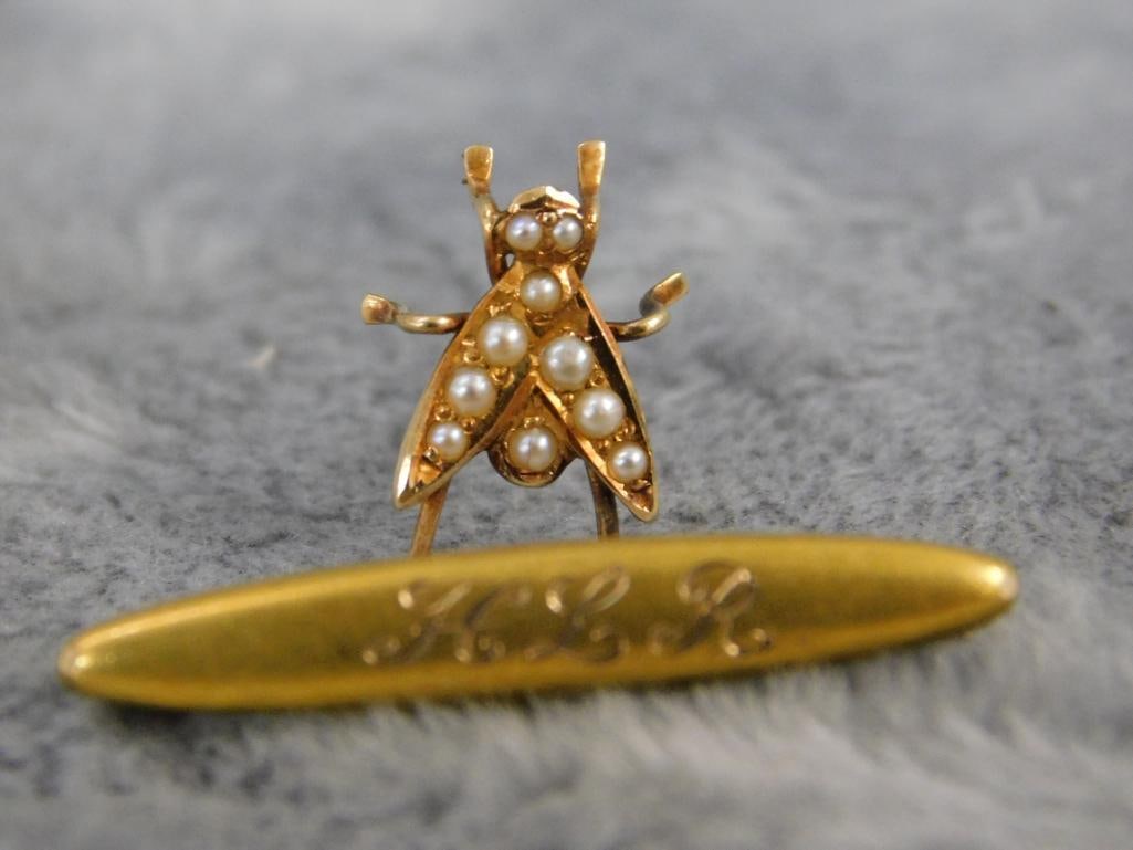 14K Yellow Gold - Victorian Tie Pin with Seeded Pearls - Lingerie Pin - 1.41 Grams TW - 9