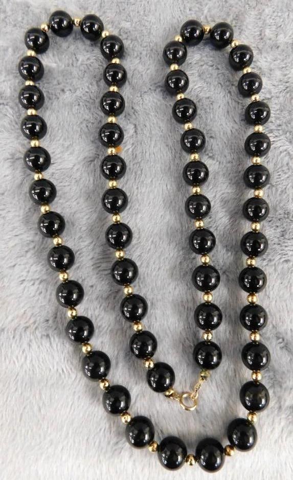 14K Yellow Gold - Clasp and Beads - 22" Necklace - Black Beads - 37.89 Grams TW: See Photos For Condition and Details