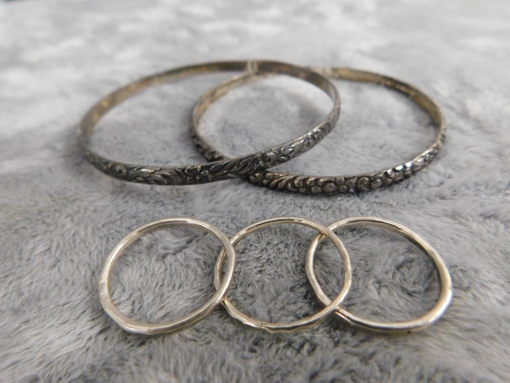 Sterling Silver - 2 Bangle Bracelets - Group of 3 Stacking Rings - Size 8 - 28.55 Grams - 10