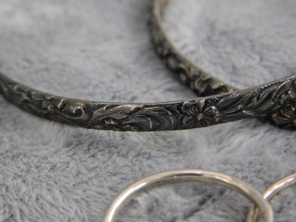 Sterling Silver - 2 Bangle Bracelets - Group of 3 Stacking Rings - Size 8 - 28.55 Grams - 2