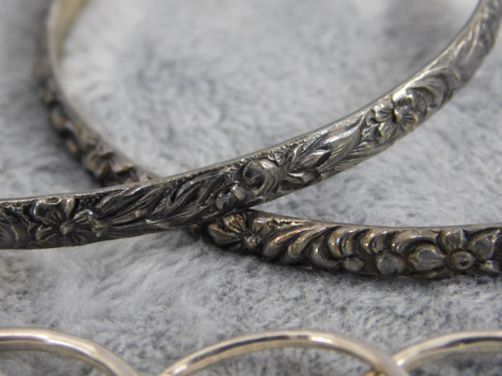 Sterling Silver - 2 Bangle Bracelets - Group of 3 Stacking Rings - Size 8 - 28.55 Grams - 3