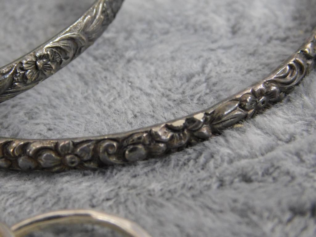 Sterling Silver - 2 Bangle Bracelets - Group of 3 Stacking Rings - Size 8 - 28.55 Grams - 4