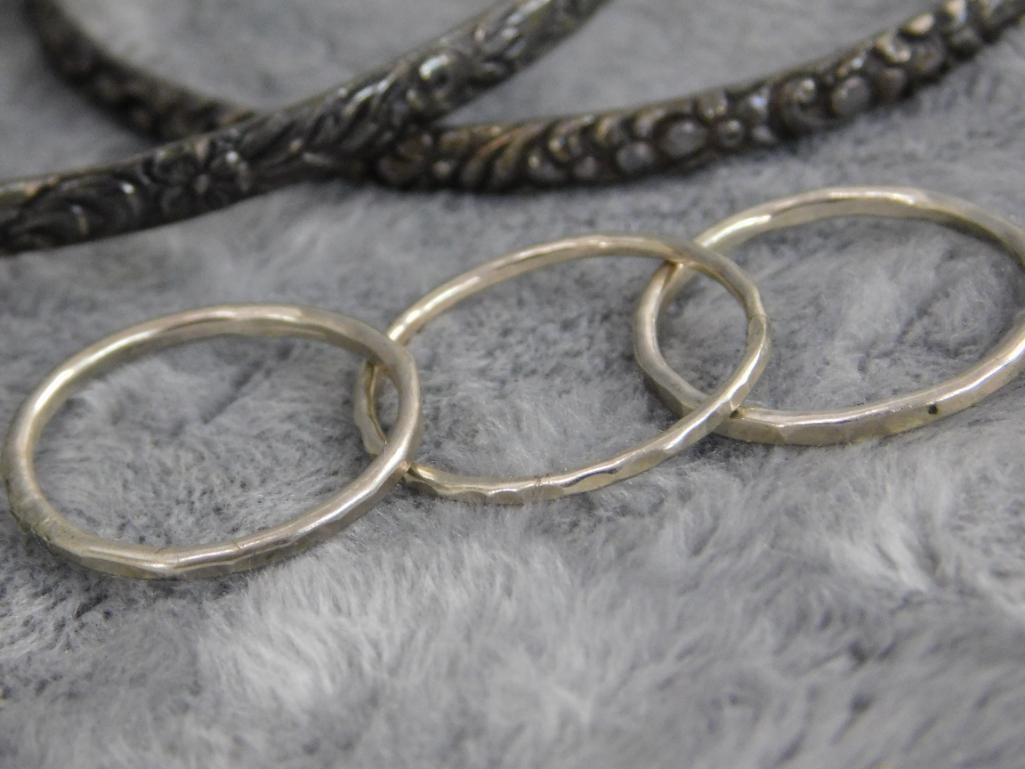 Sterling Silver - 2 Bangle Bracelets - Group of 3 Stacking Rings - Size 8 - 28.55 Grams - 5