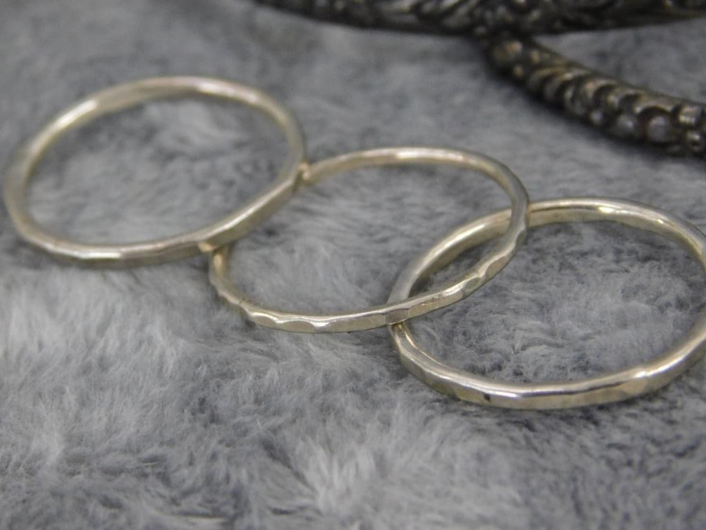 Sterling Silver - 2 Bangle Bracelets - Group of 3 Stacking Rings - Size 8 - 28.55 Grams - 6