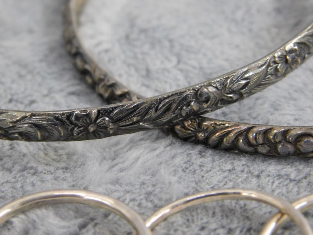 Sterling Silver - 2 Bangle Bracelets - Group of 3 Stacking Rings - Size 8 - 28.55 Grams - 7