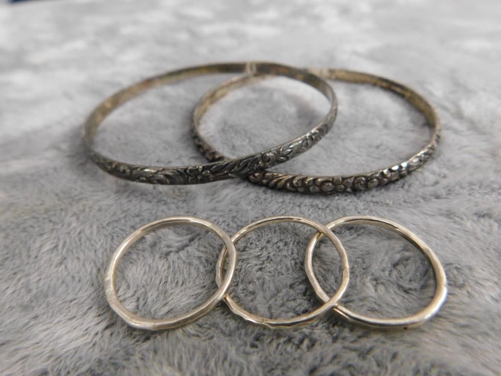 Sterling Silver - 2 Bangle Bracelets - Group of 3 Stacking Rings - Size 8 - 28.55 Grams - 9
