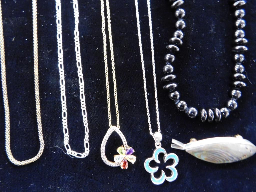Sterling Silver - 5 Necklaces - 3-18" - 1-20" - Beaded 17" - 1 Abalone Brooch - 48.4 Grams TW: See Photos For Condition and Details