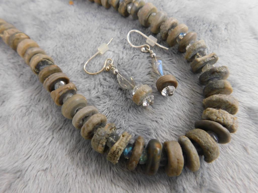 Sterling Silver - Matching 19" Labradorite and Crinoid Necklace and Pierced Earrings - 9